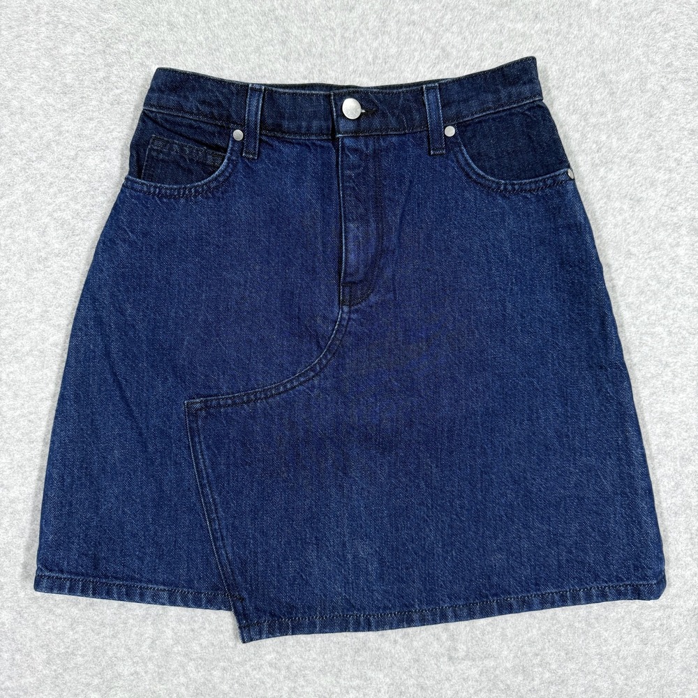 BLDWN Denim Skirt Womens 26 Andie Asymmetric Hem Jean Mini Made USA Blue Enigma